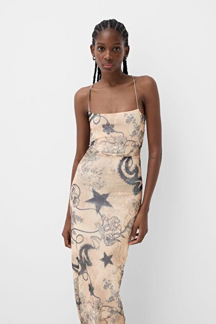 Bershka Tulle Midi Dress with Print- Trendyol