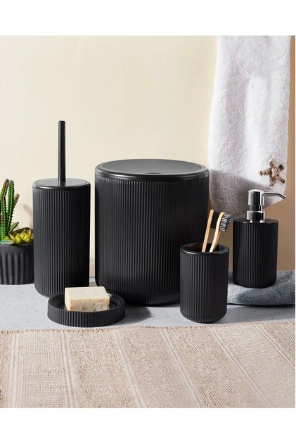 Black Dante Striped 5 Piece Bathroom Set Black Plastic 5 Pieces