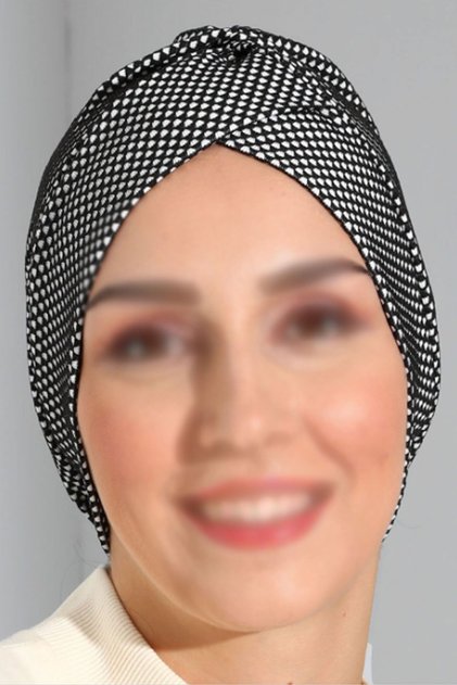 Hazır Türban Bone Siyah Beyaz Desenli Çapraz Bantlı Dış Bone Kadın Tesettür Bone Hijab