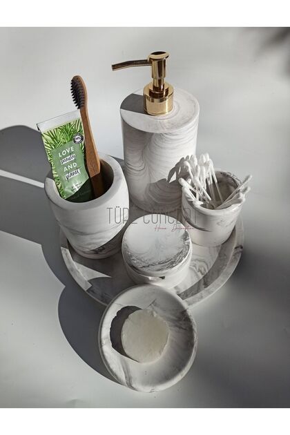 Marble Look Bathroom Set & Tray#& Liquid Soap Dispenser & Solid Soap Dispenser & Toothbrush Holder & Cotton Dispenser