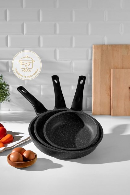 Siyah 3 Parça Alüminyum Döküm Granit Tava Takımı