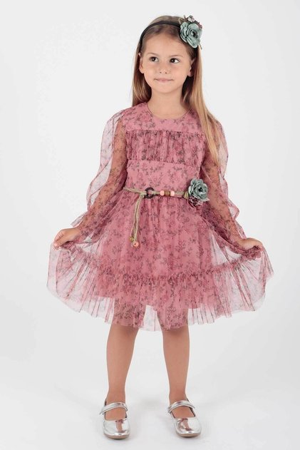 Kids Girls Floral Printed Tulle Dress with Crown Belt Ak2202