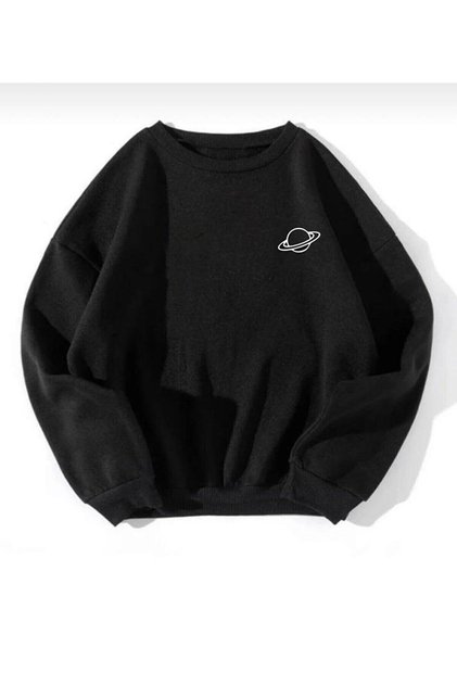 Unisex Black Crew Neck Hoodless Sweatshirt with Planet Print