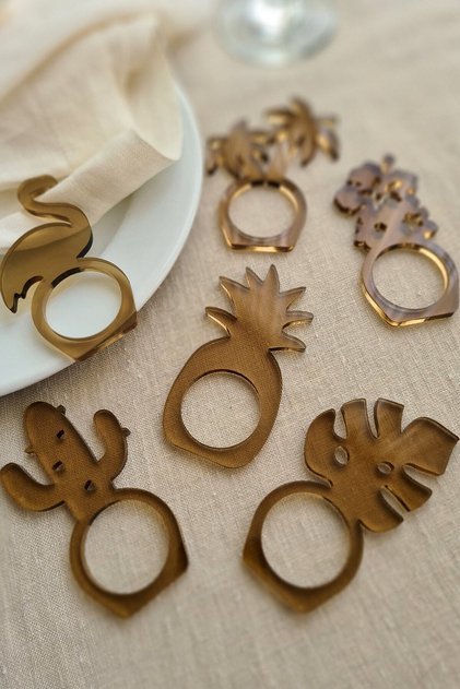 Tropical Themed Set of 6 Transparent Brown Acrylic Napkin Rings