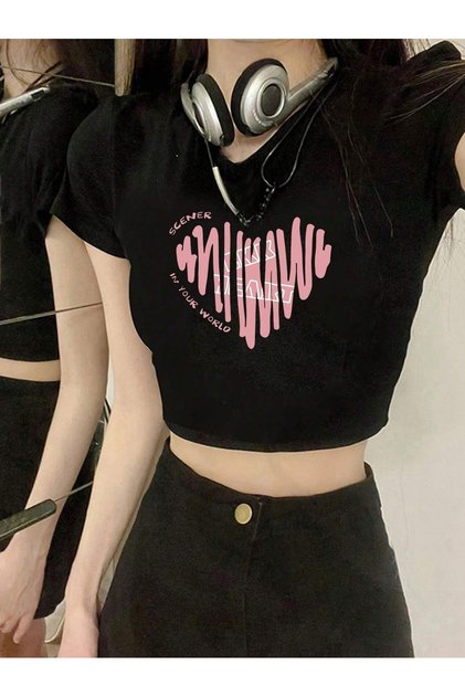 Women's Black Y2K Scener Printed Bayb Tee Crop