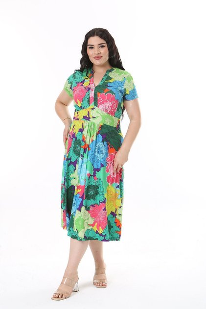 Women's Plus Size Colorful V-Neck Short Sleeve Dress 65N38160