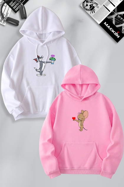 Dear Couple Combination Floral Tom and Jerry Printed Special Design Hooded Sweatshirt Set of 2