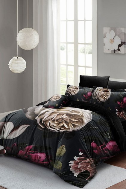 Cotton Satin Double Duvet Cover Set with Elastic Sheets Black Flower
