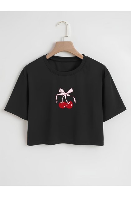 Women's Black Ribbon Cherry Printed Oversized Crop Top