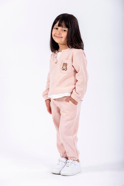 Crew Neck Long Sleeve Teddy Bear Emblem Embellished Waist Elasticated Salmon Color Girls' Tracksuit Set