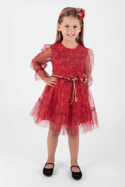 Kids Girls Floral Printed Tulle Dress with Crown Belt Ak2202