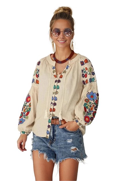 Women's Sleeves Ethnic Floral Embroidery Design Embroidered Cream Long Sleeve Blouse
