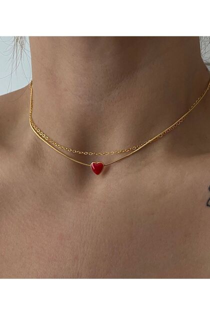 Kırmızı Kalp Choker Ve Zincir Set