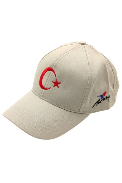Beige Adjustable Velcro Back Turkey Turkish Flag Embroidered Baseball Cap with Moon and Star