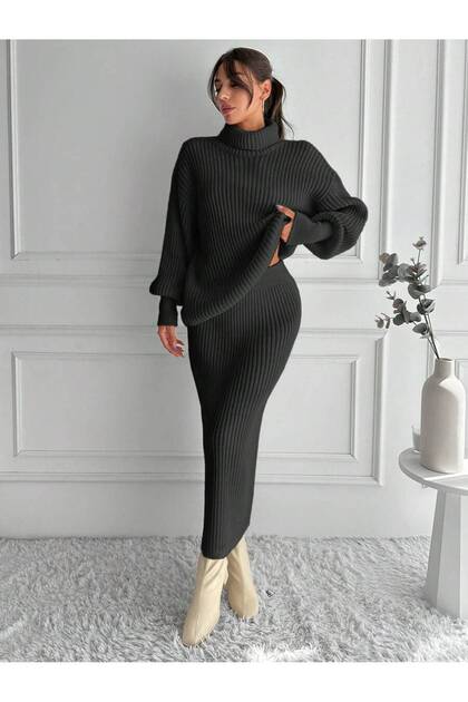 Thick Turtleneck Sweater and Slit Detailed Elastic Waist Skirt Ribbed Winter Knitwear Set