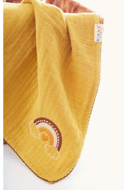 100X100 Rainbow Embroidered 4 Layer Dark Mustard Muslin Blanket