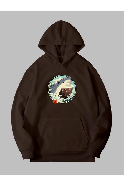 Three Thread Anime Shark Printed Unisex Brown Kangaroo Pocket Hooded Sweatshirt Hoodie