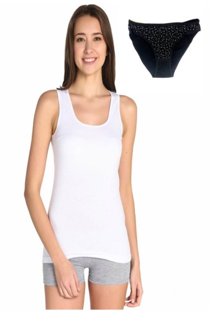 Women's White Strappy Ribbed Tank Top & Patterned Bikini