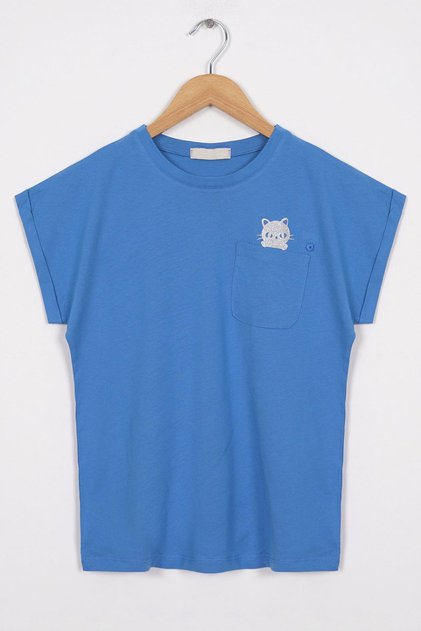 Crew Neck Short Sleeve Pocket Detailed Silvery Cat Printed Indigo Color Girls' T-Shirt