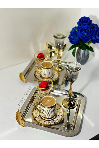 6-piece Gold FeaTher DeTailed Square Tea and Coffee Tray