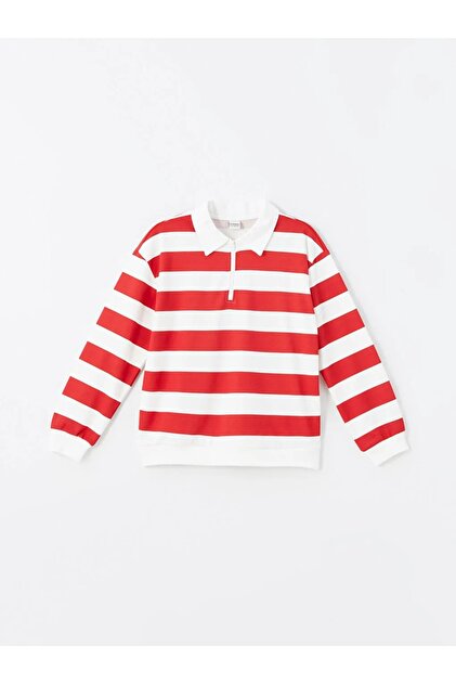 LC Waikiki Lcw Kids Red Striped Polo Collar Long Sleeve Girl's