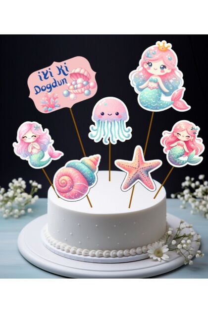 7-Piece Mermaid Happy Birthday Large Cake Topper Cake Decorations Cupcake Cake Birthday Decoration