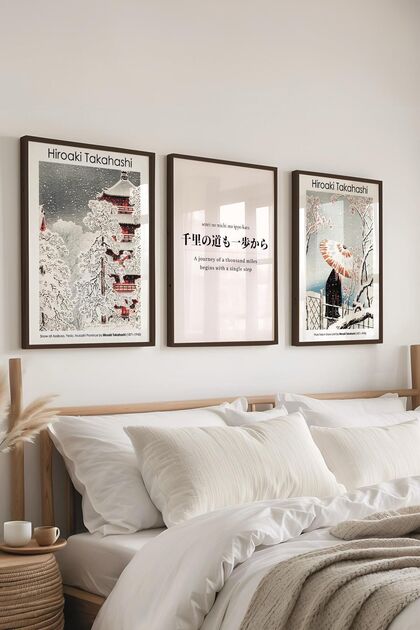postifull Japon Sanatı Tablo Seti, 3 Adet Siyah Çerçeve ve Hokusai