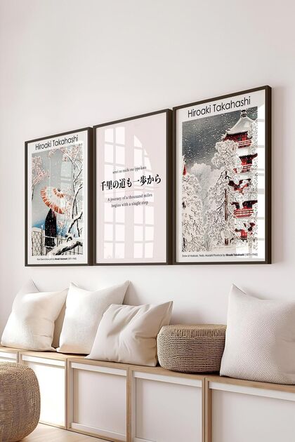 postifull Japon Sanatı Tablo Seti, 3 Adet Siyah Çerçeve ve Hokusai