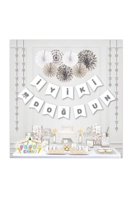 White Silver Gilt Happy Birthday Banner