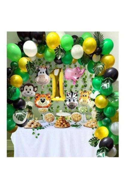 50 Pieces Green, Black, White, Yellow Metallic Shiny Balloon Safari Concept 2.5 Meter Balloon Chain