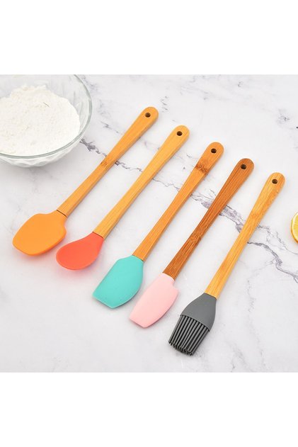5-Piece Colorful Bamboo Handle Silicone Tip Spatula Brush Spoon Set Bamboo Handle Kitchen Set