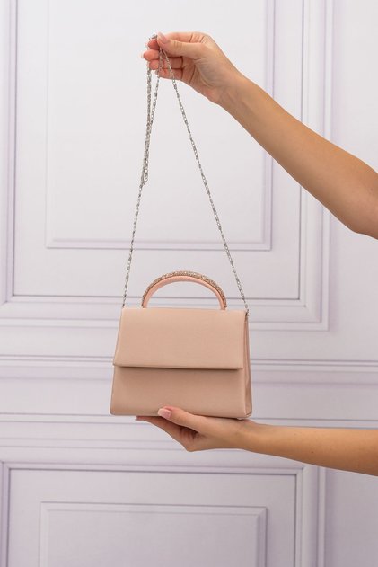 Women's Nude Satin Shoulder Bag with Stone Handle Detail
