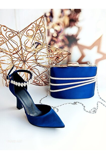 Modavien Women's Navy Blue Satin Evening Dress Shoes & Bag Combination 352ç  (Buy Size Small)- Trendyol