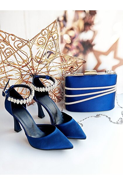 Modavien Women's Navy Blue Satin Evening Dress Shoes & Bag Combination 352  (Buy Size Small)- Trendyol