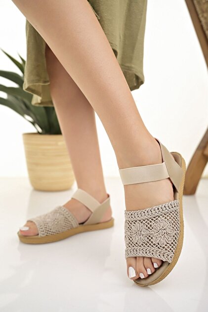 Modafırsat Women's Straw Sandals Beige Mesh Lace Knitwear