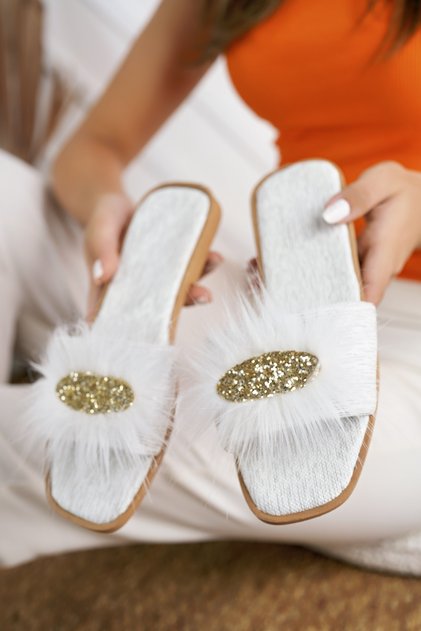 White Furry Stone Women's Slippers Stylish Daily House Slippers Fancy Dowry Birth Guest Bridal Slippers