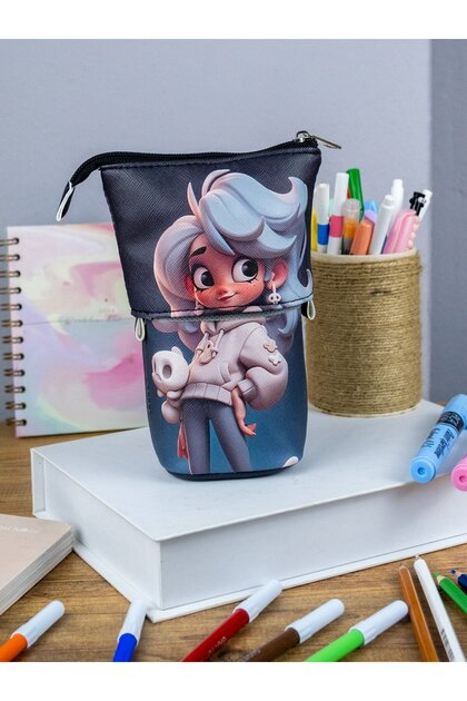 Pencil Case Telescopic Cool Girl Vegan Leather (Pen Holder and Makeup Bag)