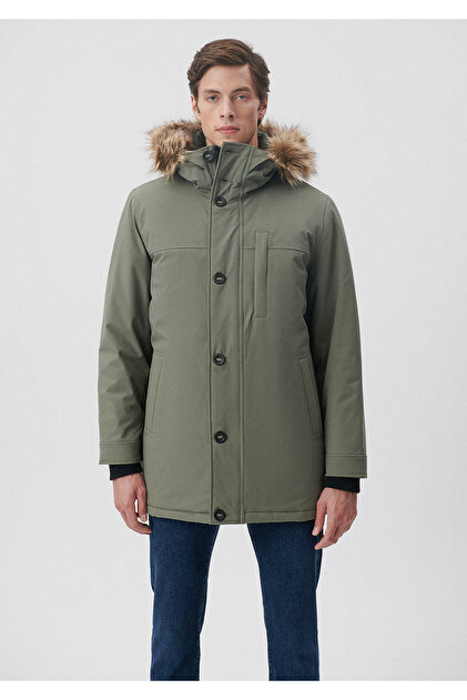 Mavi Kapüşonu Kürklü Yeşil Parka Regular Fit / Normal Kesim 010463