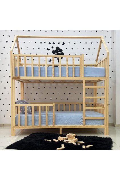 Montessori Yatak Çatılı Doğal Ahşap Ranza Karyola