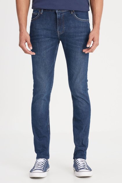 بنطلون جينز Malone Skinny Fit قصة ضيقة بخصر عادي ومطاط باللون الأزرق الداكن