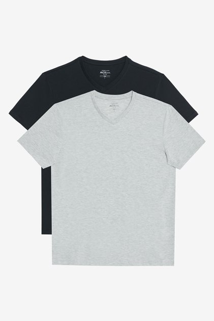 Erkek Gri Melanj-siyah 2'li V Yaka %100 Pamuk Slim Fit Dar Kesim Basic Tişört
