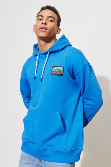 Loose Fit Comfortable Cut 100% Cotton Blue Men's Hooded Sweatshirt