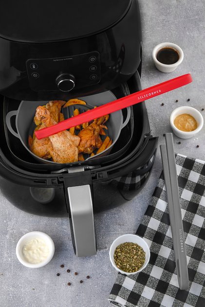 3 Piece Anthracite Silicone Air Fryer Cooking Set Tongs Air Fryer Cooking Container Bowl Spatula