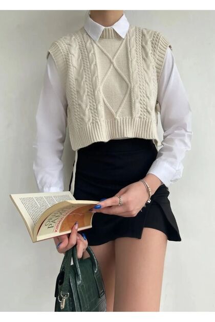 Women's Patterned Adjustable Side Tie Knitwear Crop Sweater