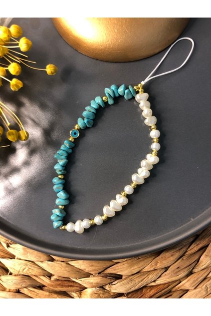 Turquoise Stone Evil Eye Bead Detailed Pearl Phone Strap Charm Accessory