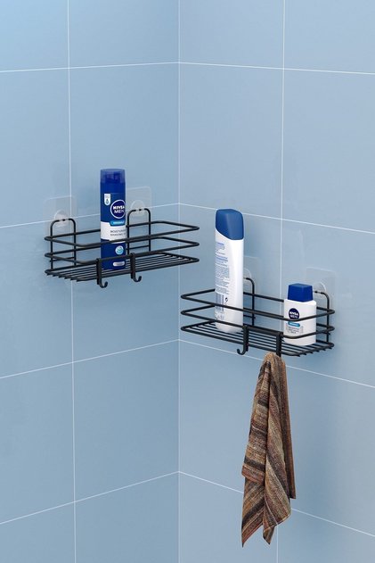 Bathroom Organizer Shampoo Dispenser with Adhesive Hooks 2 Pieces Bathroom Shelf Matte Black St217H