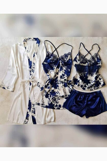 eyize dair herey Navy Blue Floral Dressing Gown 4-Piece Satin Nightgown  Set 6133- Trendyol