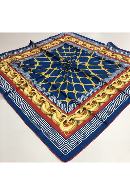 Nar Çiçeği Lacivert Twill Eşarp Zincirli Desen Black Seri Eşarp Askısı Ile Birlikte 90x90 Cm