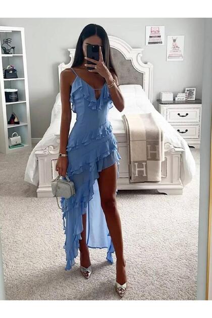 Blue Rope Strap Ruffle DetailedMidiDress