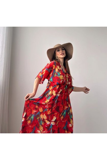 Asur Boutique Women's Floral Print Colorful Viscose Fabric Slit Dress